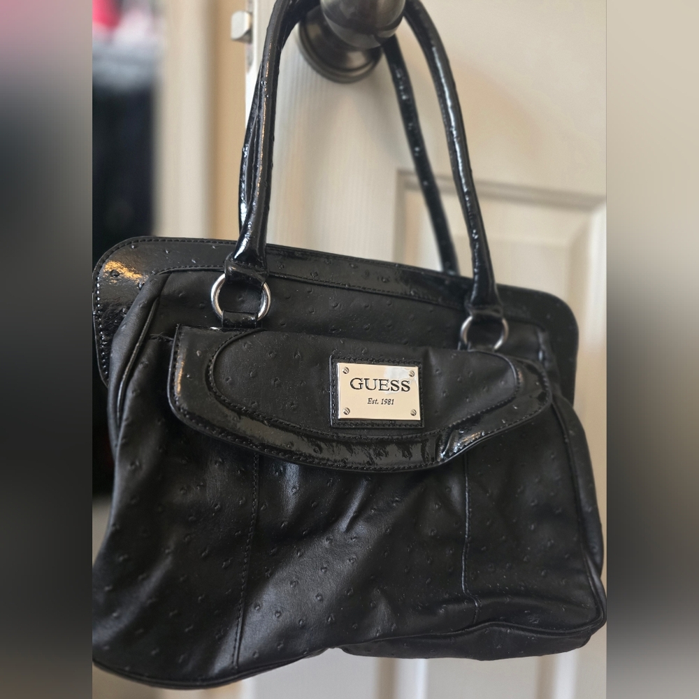 GUESS Black Patent Faux-Ostrich Shoulder Bag